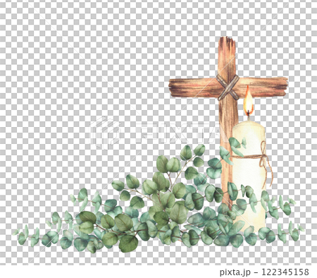 Burning candle with Cross tied with rope and Eucalyptus silver dollar plant green branches Religious Watercolor painted isolated from background illustration for first communion, Easter, wedding card Burning candle with Cross tied with rope and Eucalyptus silver dollar plant green branches Religious Watercolor painted isolated from background illustration for first communion, Easter, wedding card 122345158
