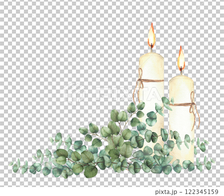 Burning candles with Eucalyptus silver dollar plant green branches Religious Watercolor hand drawn arrangement for first communion, Easter, baptism, wedding card isolated from background illustration  122345159