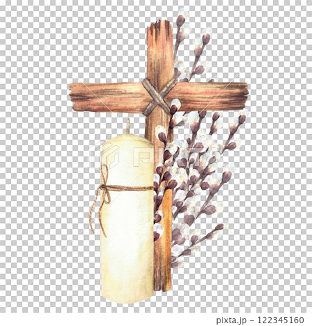 White candle with Cross tied with a rope against of pussy willow branches. Religious Church arrangement. Watercolor hand drawn illustration on isolated background for First communion, baptism, Easter. White candle with Cross tied with a rope against of pussy willow branches. Religious Church arrangement. Watercolor hand drawn illustration on isolated background for First communion, baptism, Easter. 122345160