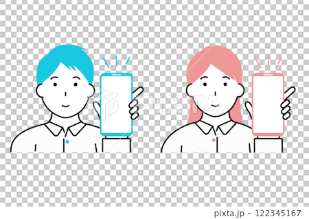 Illustration of a young man and woman showing their smartphone screens 122345167