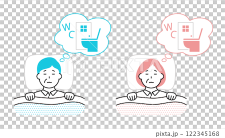 Illustration of a middle-aged man and woman who need to go to the toilet while sleeping Illustration of a middle-aged man and woman who need to go to the toilet while sleeping 122345168