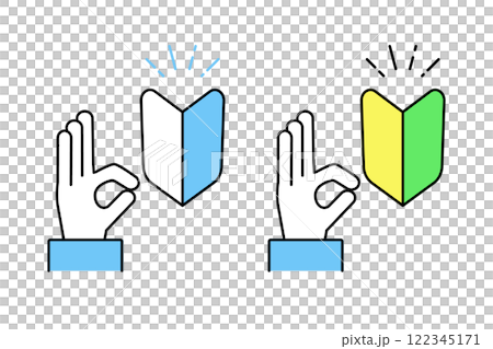 Illustration of a person's hand making a beginner's mark and an OK sign 122345171