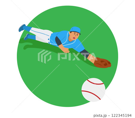 ボールを追いかける内野手 122345194