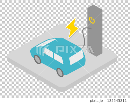 電気自動車を充電しているイメージのアイソメトリックイラスト 122345211