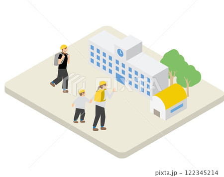 避難所の学校に水平避難をする人たちのイメージのアイソメトリックイラスト 122345214