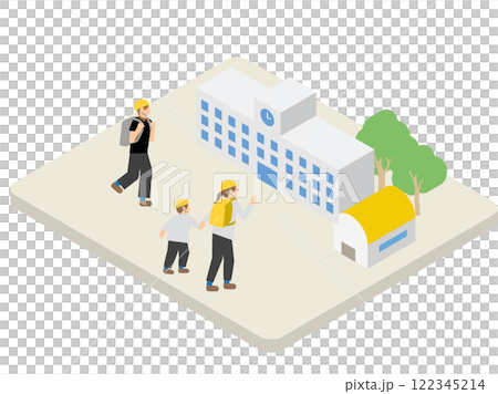 人們水平疏散到疏散中心學校的圖像的等距插圖 122345214