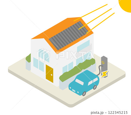 太陽光発電のパネルを屋根につけて、電気自動車を充電しているオール電化システムの家のイメージのアイソメ 122345215