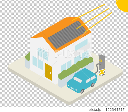 太陽光発電のパネルを屋根につけて、電気自動車を充電しているオール電化システムの家のイメージのアイソメ 122345215