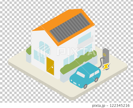屋頂上裝有太陽能電池板並為電動車充電的全電動房屋的等距圖像 122345216