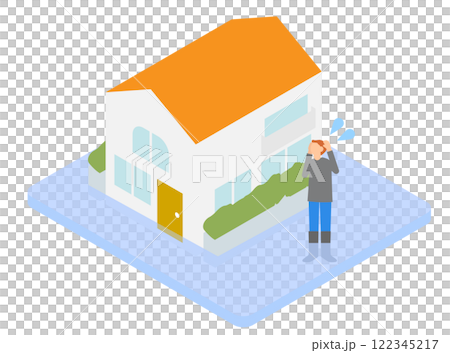 一個人因家被水淹沒而低著頭的圖像的等距插圖 一個人因家被水淹沒而低著頭的圖像的等距插圖 122345217