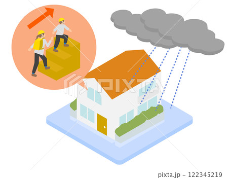 自宅で垂直避難をする親子のイメージのアイソメトリックイラスト 自宅で垂直避難をする親子のイメージのアイソメトリックイラスト 122345219