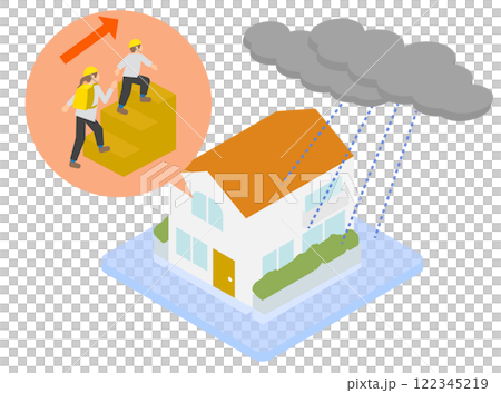 自宅で垂直避難をする親子のイメージのアイソメトリックイラスト 自宅で垂直避難をする親子のイメージのアイソメトリックイラスト 122345219