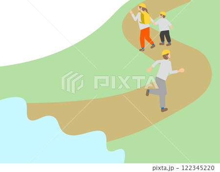 山の坂を登って垂直避難をする人たちのイメージのアイソメトリックイラスト 山の坂を登って垂直避難をする人たちのイメージのアイソメトリックイラスト 122345220