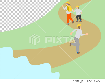 山の坂を登って垂直避難をする人たちのイメージのアイソメトリックイラスト 山の坂を登って垂直避難をする人たちのイメージのアイソメトリックイラスト 122345220