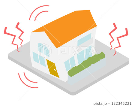 地震で大きく揺れる家のイメージのアイソメトリックイラスト 122345221