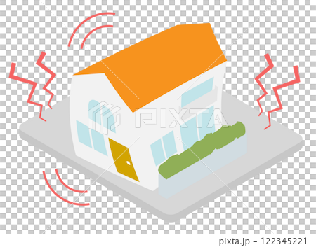 地震で大きく揺れる家のイメージのアイソメトリックイラスト 122345221
