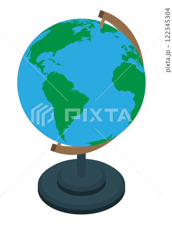 Isometric school globe on stand. Studying geography at school. Planet earth model for training. Aerial view 3D vector isolated on white background 122345304