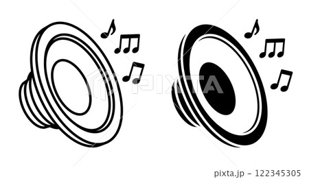 Linear icon, isometric music speakers with notes flying out. Listening to music and melodies on professional audio equipment. Simple black and white top view vector isolated on white background 122345305