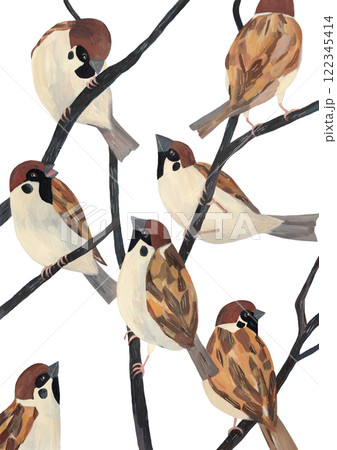 水彩絵の具で描いた木の枝の上のスズメたちのイラストレーション 122345414