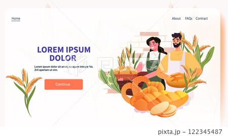 Bakery website design featuring bakers with bread assortment wheat plants and soft colors. Perfect for landing pages or templates 122345487