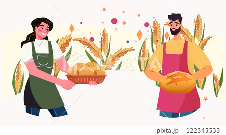 Bakers holding bread and wheat field. Smiling man and woman in aprons with fresh bread surrounded by wheat plants and colorful shapes 122345533