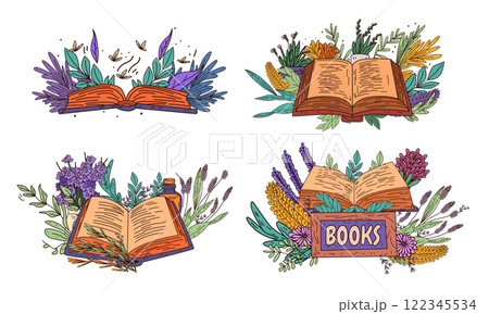 Open books with floral elements nature theme colorful plants and leaves surrounding books artistic decorative design perfect for stationery or educational materials 122345534