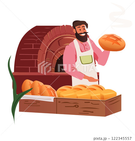 Baker holding fresh bread smiling bakery. Rustic oven bread display man in apron holding loaf steaming bread. Warm colors cozy scene bakery theme Baker holding fresh bread smiling bakery. Rustic oven bread display man in apron holding loaf steaming bread. Warm colors cozy scene bakery theme 122345557