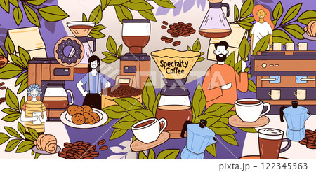 Specialty coffee shop scene with baristas colorful coffee equipment beans leaves pastries cheerful atmosphere cafe decor 122345563