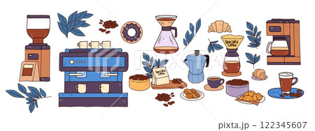 Coffee brewing equipment and pastries collection featuring espresso machine grinder moka pot croissants cookies and coffee beans with decorative leaves 122345607