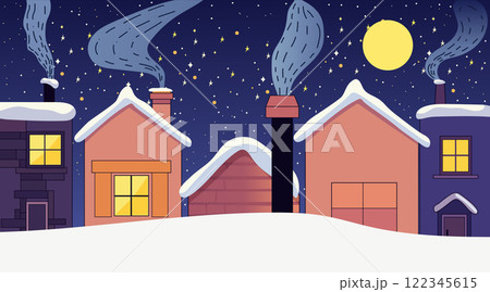 Winter night village scene with snowy rooftops and chimneys emitting smoke under a starry sky with a full moon. Cozy houses with lit windows 122345615