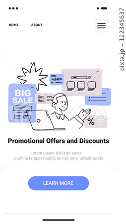 Big Sale promotional concept with person analyzing offers on laptop surrounded by discount icons and charts in minimalist hand drawn style. Mobile app screen Big Sale promotional concept with person analyzing offers on laptop surrounded by discount icons and charts in minimalist hand drawn style. Mobile app screen 122345637