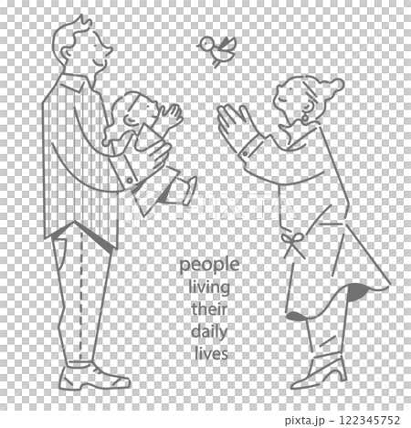Young family playing outdoors Simple and stylish hand-drawn illustration 122345752