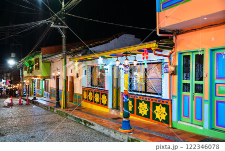 Traditional colorful houses in the old town of Guatape in Antioquia, Colombia at night Traditional colorful houses in the old town of Guatape in Antioquia, Colombia at night 122346078