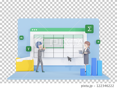 3DCG | Two male and female office workers entering and checking data in Excel 122346222