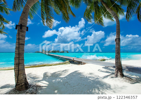 tropical Maldives island with white sandy beach and sea 122346357