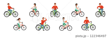 Man and Woman Riding Bicycle Enjoy Outdoor Recreation Vector Set 122346497