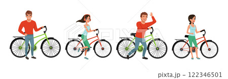 Man and Woman Riding Bicycle Enjoy Outdoor Recreation Vector Set 122346501
