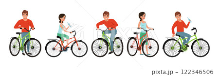 Man and Woman Riding Bicycle Enjoy Outdoor Recreation Vector Set 122346506