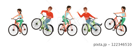 Man and Woman Riding Bicycle Enjoy Outdoor Recreation Vector Set Man and Woman Riding Bicycle Enjoy Outdoor Recreation Vector Set 122346510