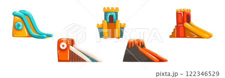 Aqua Park Slide Attraction as Amusement and Entertainment Vector Set Aqua Park Slide Attraction as Amusement and Entertainment Vector Set 122346529