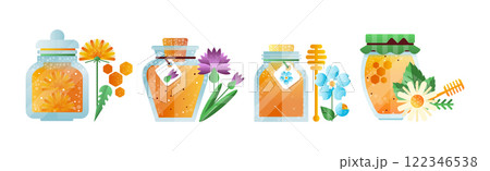 Honey in Glass Jar with Dipper and Meadow Flower Vector Set 122346538