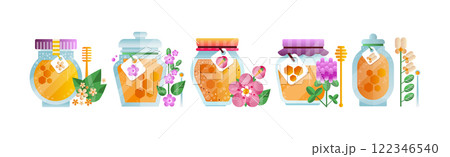 Honey in Glass Jar with Dipper and Meadow Flower Vector Set 122346540