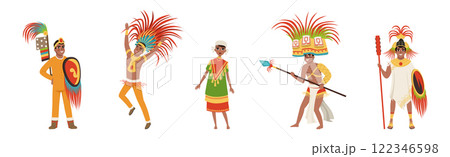Man Aztec Warrior in Traditional Clothes and Headgear with Weapon Vector Set 122346598