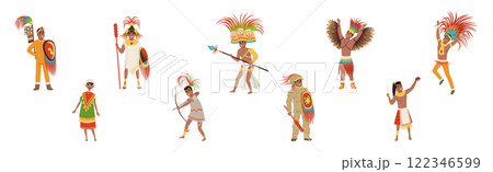Man Aztec Warrior in Traditional Clothes and Headgear with Weapon Vector Set Man Aztec Warrior in Traditional Clothes and Headgear with Weapon Vector Set 122346599