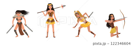 Beautiful Amazon Girls as Ancient Warrior Characters Vector Set 122346604