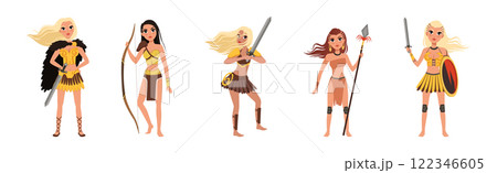 Beautiful Amazon Girls as Ancient Warrior Characters Vector Set 122346605