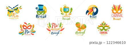 Brazilian Carnival Logo and Bright Label Design Vector Set 122346610