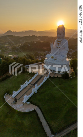 Aerial view of Big Guanyin statue in Wat Huay Pla Kang temple in Chiang Rai province of Thailand during sunset. This temple is a big complex made in Chinese style.  122346806