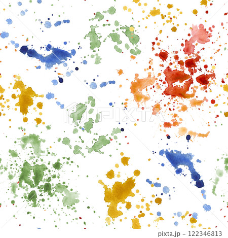 Colorful watercolor splashes seamless pattern on white background. Artistic abstract paint drops in red, blue, green, and yellow. Stains texture for design fabric, wallpaper, wrapping paper. 122346813