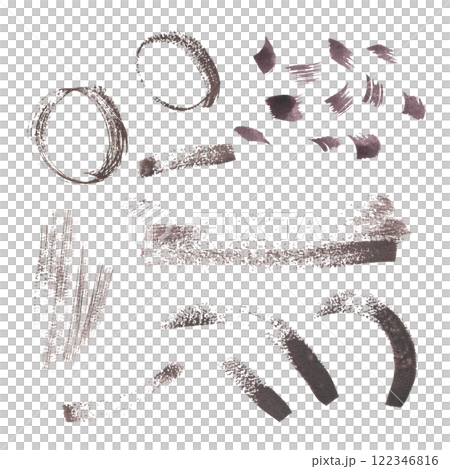 Dynamic brush marks: lines, splashes, dots, smudges and swirls watercolor dark isolated. Set of expressive lines, sweeps and rough textures. Various shaped of brush strokes circles, stripes, figures. 122346816